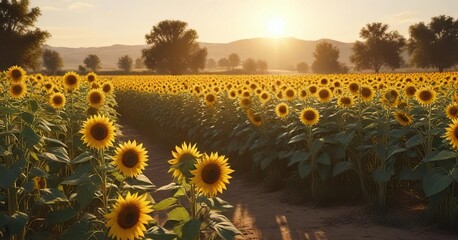 Obraz premium Beautiful countryside scene with sunflowers basking in the golden sunlight, bright, rays