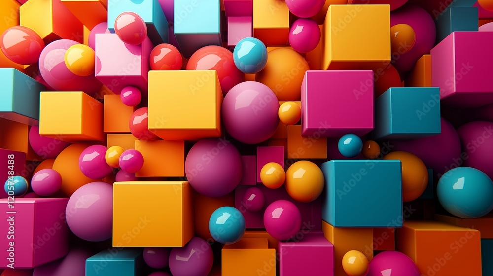 Poster a dynamic, vibrant composition featuring a chaotic arrangement of colorful spheres and cubes in vari