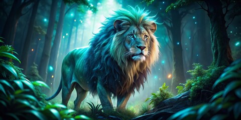 Naklejka premium Bioluminescent Lion: Glowing Mane in Dark Night, Magical Wildlife Photography