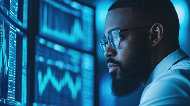 Focused analyst reviewing data on digital screens in a tech-savvy environment.