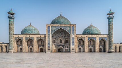 Fototapeta premium Majestic Mosque with Turquoise Domes under a Clear Sky: Architectural Details and Craftsmanship of a Historic Building