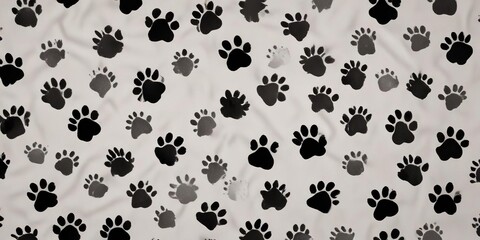 Fototapeta premium Seamless wallpaper with black doodle paw prints in a repeating pattern, Abstract, Texture
