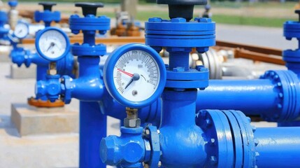 Blue industrial pipes with pressure gauges on a sunny day.