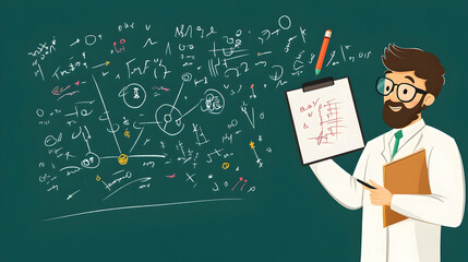 Colorful scientist shares insights on complex theories with engaging charts and illustrations