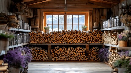 A large room with a lot of wood stacked up and a window