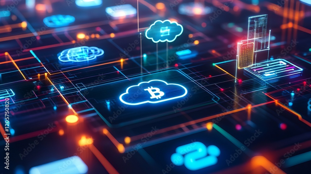 Poster abstract futuristic tech background: bitcoin network data