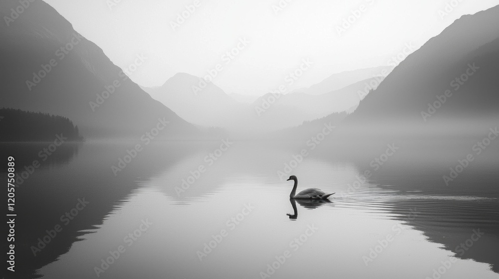 Poster a swan glides effortlessly across a still, fog-covered lake at dawn. the soft reflections in the wat