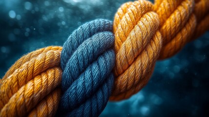 Intertwined blue and orange ropes forming a knot against a bokeh background.