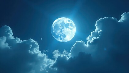 Obraz premium The moon casts shadows through scattered clouds in the blue sky, glowing, bright, silvery