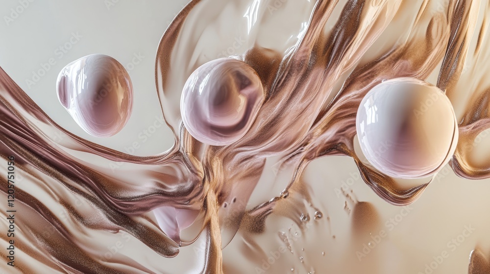 Poster abstract 3d design with flowing shapes and spheres on mocha mousse background