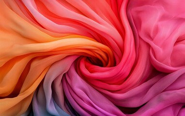 A vibrant swirl of colorful, translucent fabric showcasing a gradient of warm hues from orange to pink, creating an elegant and artistic effect.