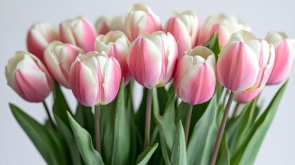 Fototapeta premium Pink and white tulips with lush green leaves on a white background, showcasing elegance and simplicity. Ideal for floral-themed designs, nature promotions, or greeting cards.
