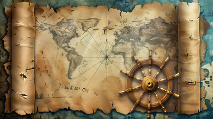 Old blank parchment scroll paper with a ship's wheel and map background. Vintage pirate or nautical theme for design, banner template © Aleena