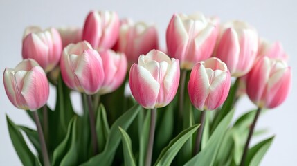 Fototapeta premium Pink and white tulips with lush green leaves on a white background, showcasing elegance and simplicity. Ideal for floral-themed designs, nature promotions, or greeting cards.