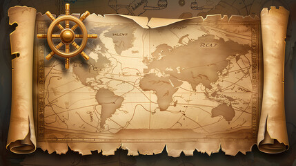 Old blank parchment scroll paper with a ship's wheel and map background. Vintage pirate or nautical theme for design, banner template
