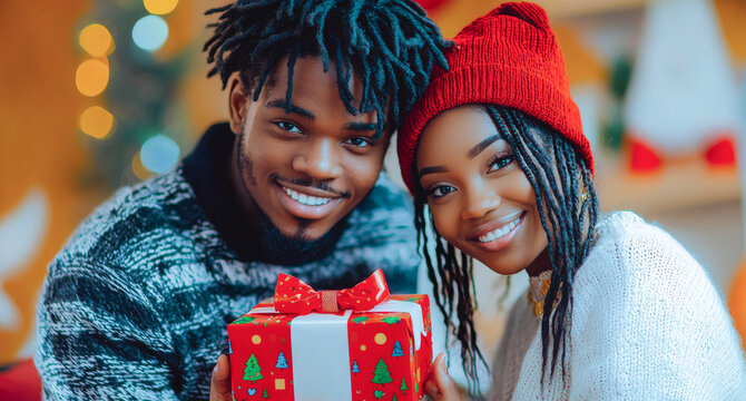 Young African American couple smiling while exchanging Christmas gifts. Concept of holiday spirit, joyful celebration, festive season with loved ones