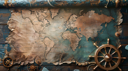 Old blank parchment scroll paper with a ship's wheel and map background. Vintage pirate or nautical theme for design, banner template