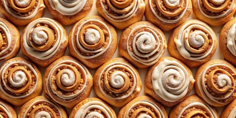A delightful array of sweet rolls, each generously topped with creamy icing and a sprinkle of crunchy nuts, arranged in a captivating pattern for a tempting visual treat.