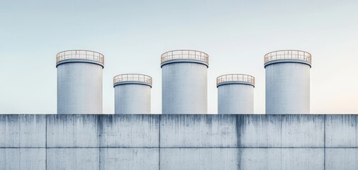 The image features four white cylindrical structures with railings, set against a pale sky, emphasizing industrial design and minimalism.