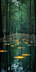 Obraz premium Enchanted Forest Path with Glowing Water Reflections: A Mystical Night Scene