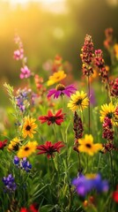 Obraz premium Vibrant wildflowers blooming in a sunlit meadow during spring season.