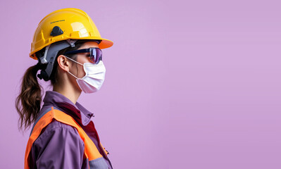 Fototapeta premium A determined woman construction worker in safety attire, wearing a yellow helmet, safety sunglasses, and a surgical mask, stands confidently on a pastel purple background with copyspace.
