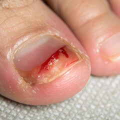 Obraz premium An infected big toenail with inflammation, redness, and minor bleeding on the cuticle area