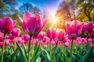Obraz premium Blooming Pink Tulips in Spring Garden Sunlight - Close Up Macro Photography