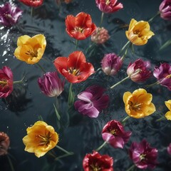 Fototapeta premium Abstract composition of colorful tulip petals floating in water, floral, abstract