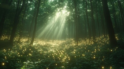 Fototapeta premium Enchanted Forest at Dawn: Fireflies Illuminate a Mystical Woodland Scene