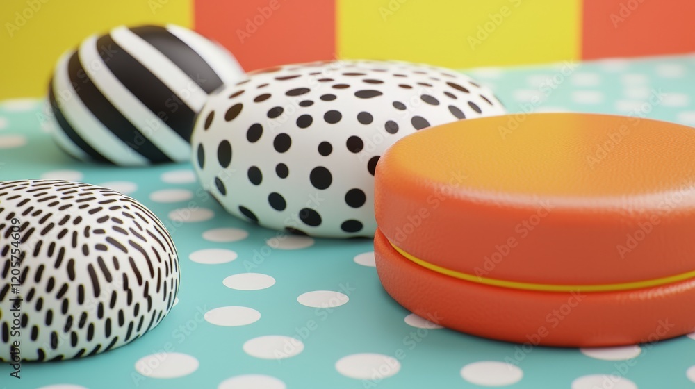 Poster playful arrangement of colorful patterned objects on polka dot surface