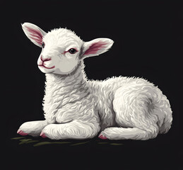 White lamb vector illustration on a black background, a cute baby sheep lying down in side view