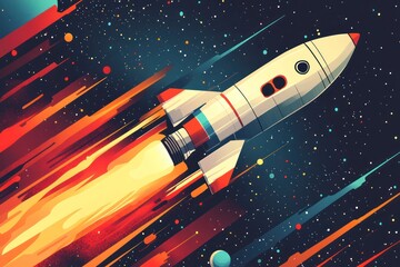 Stylized Rocket Launch   Geometric rocket with bold lines and colors taking off into a minimalist space.