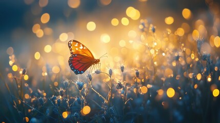 Firefly-like bokeh in golden yellows and soft whites, magical evening atmosphere 