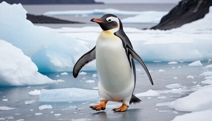 Fototapeta premium A charming penguin waddling across icy terrain, showcasing its unique adaptability and playful spirit, in a snowy, cold-weather habitat surrounded by the beauty of the Antarctic-