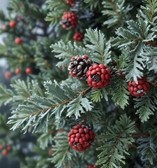 frost-covered holly berries and pine cones, winter decorations, holiday season, decorations, cold, holly, berries, frost