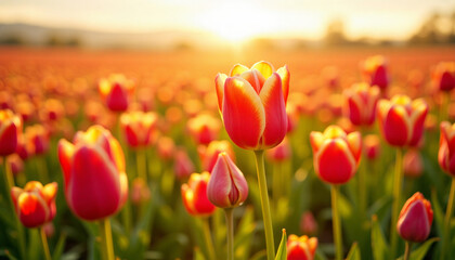 Obraz premium Vibrant close-up of colorful tulips blooming in a vast field under soft golden light on a sunny spring day