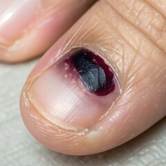 Fototapeta premium A macro photograph of a human fingernail showing a subungual hematoma, characterized by a dark purplish-black discoloration beneath the nail plate caused by trauma