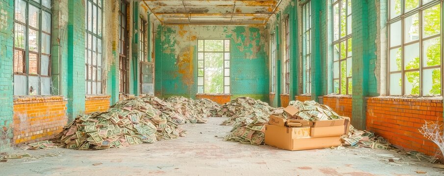 An abandoned factory filled with piles of devalued currency, cobwebs and decay suggesting the aftermath of economic collapse