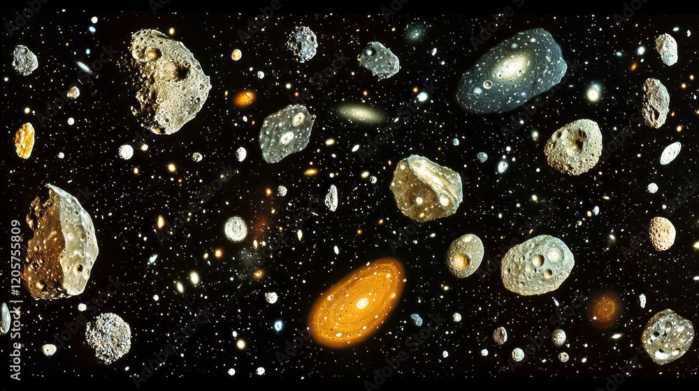 Poster stellar wonders populate the expanse of space, showcasing an array of asteroids and celestial format