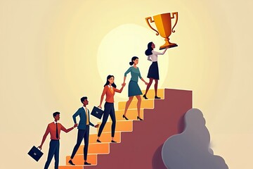 A group of diverse businesspeople helping each other climb a set of stairs, the stairs lead to a bright light with a trophy at the top. 