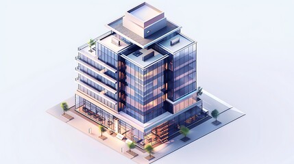 Isometric elevation of a modern skyscraper with layered glass facades, sleek geometry, and detailed rooftop structures