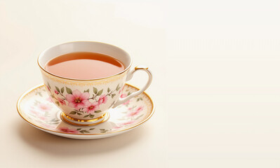A beautifully designed teacup and saucer set featuring delicate pink floral patterns and green foliage, filled with warm amber tea. Ideal for creating a serene and sophisticated tea time experience.