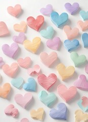 Fototapeta premium Watercolor hearts in soft pastel colors on white background, soft, valentine's day