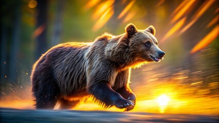 Blurred Running Bear, Dynamic Wildlife Portrait, Backlit Action Shot