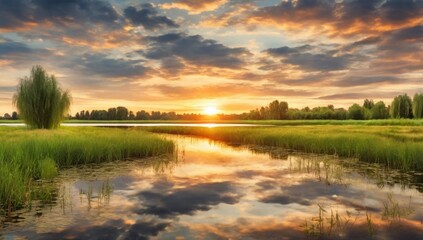 Scenic view of beautiful sunset or sunrise above the pond or lake at spring or early summer evening with cloudy sky background and reed grass at foreground. Landscape. Water reflection.
