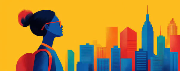 vibrant illustration of person with backpack looking at colorful city skyline