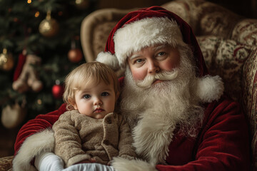 Santa Claus with child in Christmas interior. Portrait of Santa and little girl or boy. Merry Christmas and Happy New Year concept. Generated AI