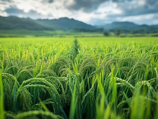 Lush green rice field with mountains in the background under a cloudy sky.