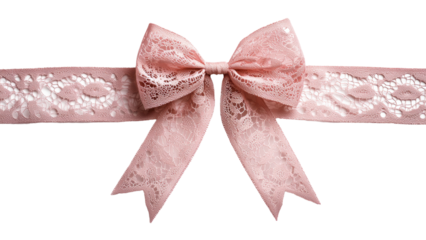 Elegant pink lace ribbon with bow, perfect for gifts and decorations. Isolated on white/transparent background.